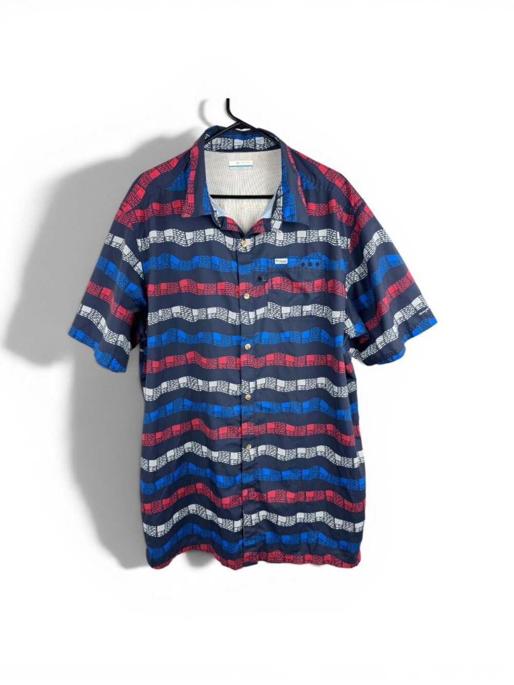 Columbia PFG Super Slack Tide Camp Shirt Black w/ Red White Blue Fish Flags 2XT